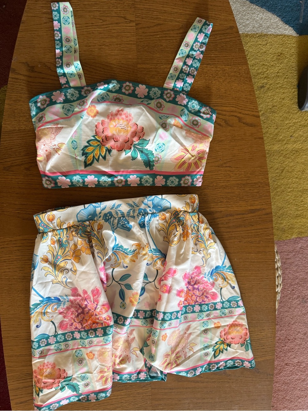 SHEIN White Floral Cropped Top & Skirt Set with Teal and Mustard Print